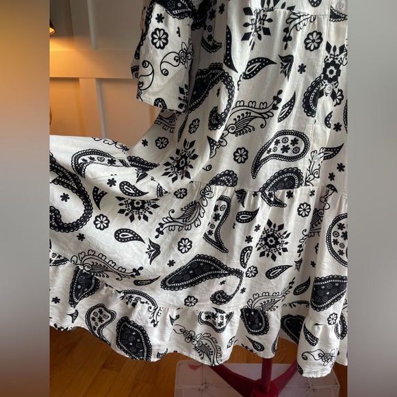 Italian Linen Blend Paisley Print Black and White Dress Size Medium - Picture 3 of 8